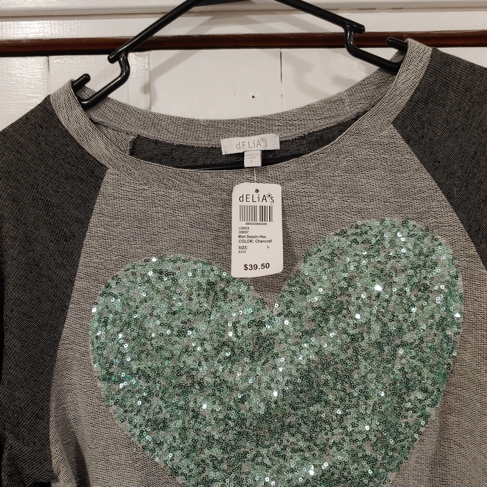 dELiA's Mint sequin heart swearshirt, large
